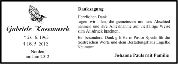 Traueranzeige von Gabriele Kaczmarek von Ostfriesischer Kurier