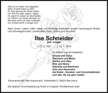 Traueranzeige von Ilse Schneider von Ostfriesischer Kurier