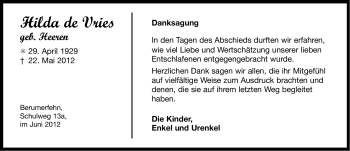 Traueranzeige von Hilda de Vries von Ostfriesischer Kurier