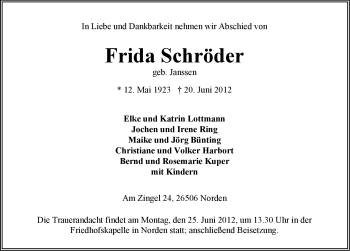 Traueranzeige von Frida Schröder von Ostfriesischer Kurier