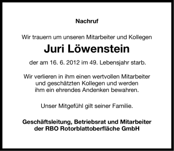 Traueranzeige von Juri Löwenstein von Ostfriesischer Kurier