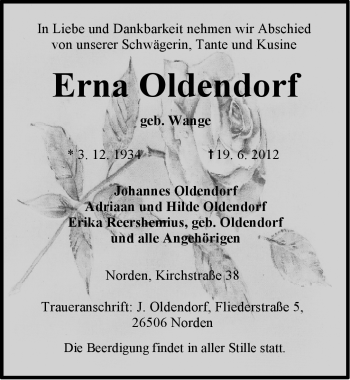Traueranzeige von Erna Oldendorf von Ostfriesischer Kurier