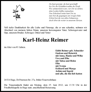 Traueranzeige von Karl-Heinz Reimer von Ostfriesischer Kurier