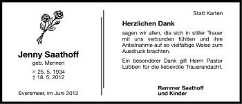 Traueranzeige von Jenny Saathoff von Ostfriesischer Kurier