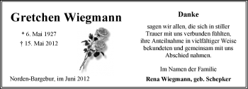 Traueranzeige von Gretchen Wiegmann von Ostfriesischer Kurier