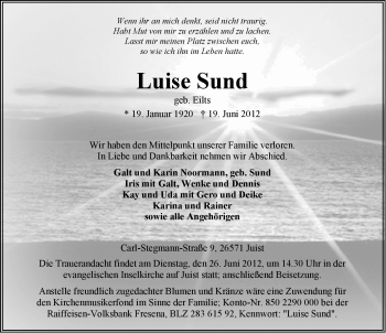 Traueranzeige von Luise Sund von Ostfriesischer Kurier