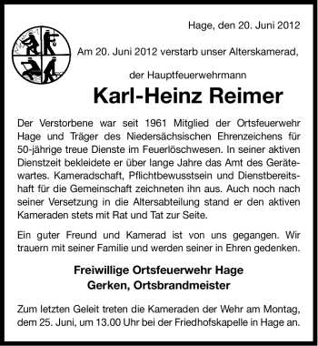 Traueranzeige von Karl-Heinz Reimer von Ostfriesischer Kurier