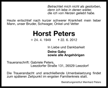 Traueranzeige von Horst Peters von Ostfriesischer Kurier
