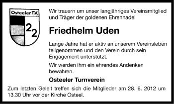 Traueranzeige von Friedhelm Uden von Ostfriesischer Kurier