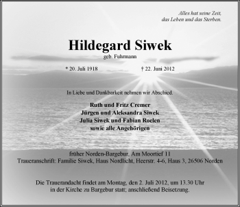 Traueranzeige von Hildegard Siwek von Ostfriesischer Kurier