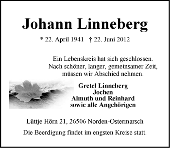Traueranzeige von Johann Linneberg von Ostfriesischer Kurier