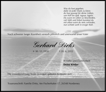 Traueranzeige von Gerhard Dirks von Ostfriesischer Kurier