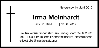 Traueranzeige von Irma Meinhardt von Ostfriesischer Kurier