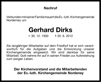 Traueranzeige von Gerhard Dirks von Ostfriesischer Kurier