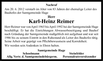 Traueranzeige von Karl-Heinz Reimer von Ostfriesischer Kurier