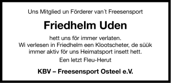 Traueranzeige von Friedhelm Uden von Ostfriesischer Kurier