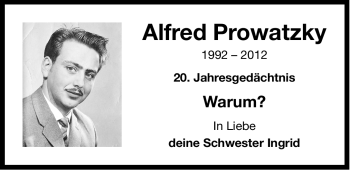 Traueranzeige von Alfred Prowatzky von Ostfriesischer Kurier
