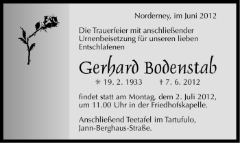 Traueranzeige von Gerhard Bodenstab von Ostfriesischer Kurier