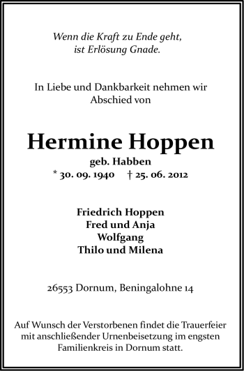 Traueranzeige von Hermine Hoppen von Ostfriesischer Kurier