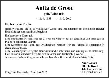 Traueranzeige von Anita de Groot von Ostfriesischer Kurier