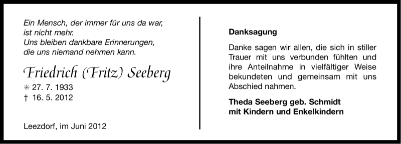  Traueranzeige für Friedrich Seeberg vom 30.06.2012 aus Ostfriesischer Kurier