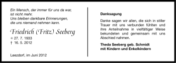 Traueranzeige von Friedrich Seeberg von Ostfriesischer Kurier