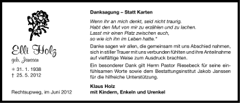 Traueranzeige von Elli Holz von Ostfriesischer Kurier