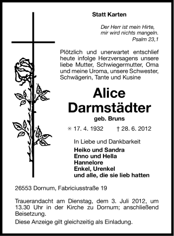 Traueranzeige von Alice Darmstädter von Ostfriesischer Kurier