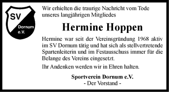 Traueranzeige von Hermine Hoppen von Ostfriesischer Kurier