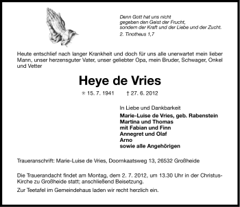 Traueranzeige von Heye de Vries von Ostfriesischer Kurier