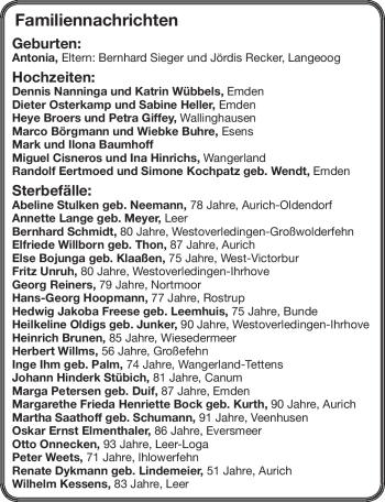 Traueranzeige von Helene Nafe von Ostfriesischer Kurier