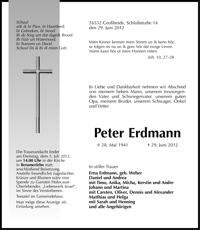  Traueranzeige für Peter Erdmann vom 30.06.2012 aus Ostfriesischer Kurier