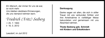 Traueranzeige von Friedrich Seeberg von Ostfriesischer Kurier
