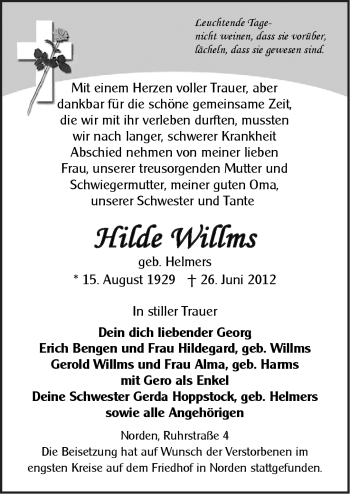 Traueranzeige von Hilde Willms von Ostfriesischer Kurier