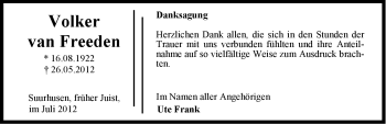 Traueranzeige von Volker van Freeden von Ostfriesischer Kurier