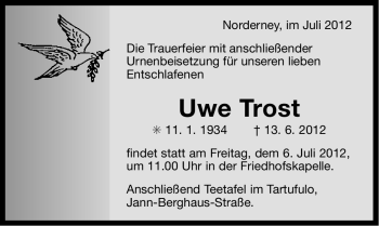 Traueranzeige von Uwe Trost von Ostfriesischer Kurier