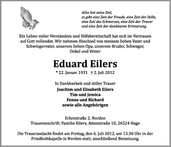 Traueranzeige von Eduard Eilers von Ostfriesischer Kurier