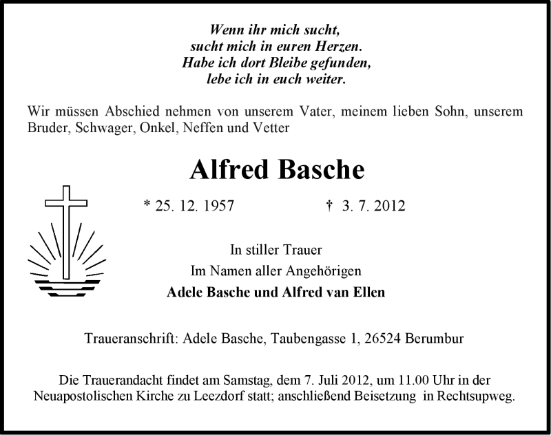  Traueranzeige für Alfred Basche vom 05.07.2012 aus Ostfriesischer Kurier