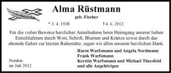 Traueranzeige von Alma Rüstmann von Ostfriesischer Kurier