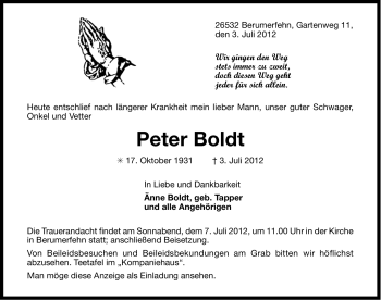 Traueranzeige von Peter Boldt von Ostfriesischer Kurier