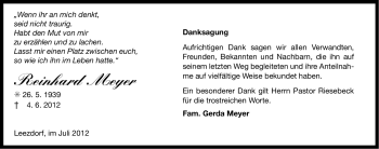 Traueranzeige von Reinhard Meyer von Ostfriesischer Kurier