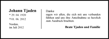 Traueranzeige von Johann Tjaden von Ostfriesischer Kurier