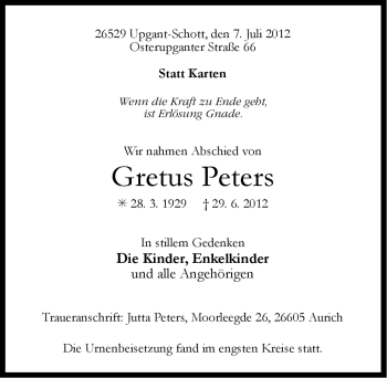 Traueranzeige von Gretus Peters von Ostfriesischer Kurier