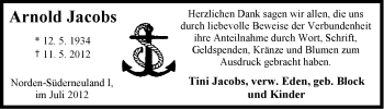 Traueranzeige von Arnold Jacobs von Ostfriesischer Kurier