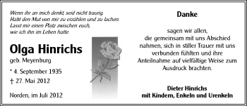 Traueranzeige von Olga Hinrichs von Ostfriesischer Kurier