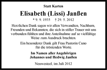 Traueranzeige von Elisabeth Janßen von Ostfriesischer Kurier