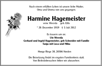 Traueranzeige von Harmine Hagemeister von Ostfriesischer Kurier