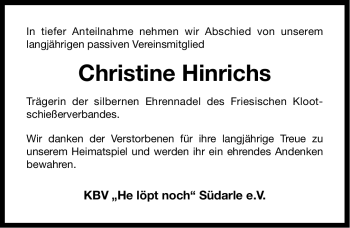 Traueranzeige von Christine Hinrichs von Ostfriesischer Kurier