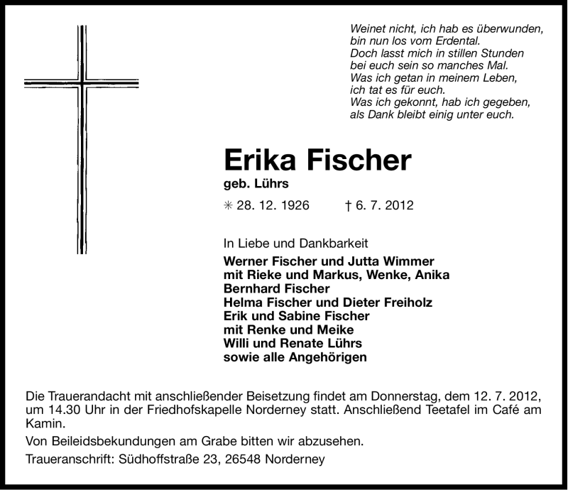 Traueranzeige für Erika Fischer vom 10.07.2012 aus Ostfriesischer Kurier