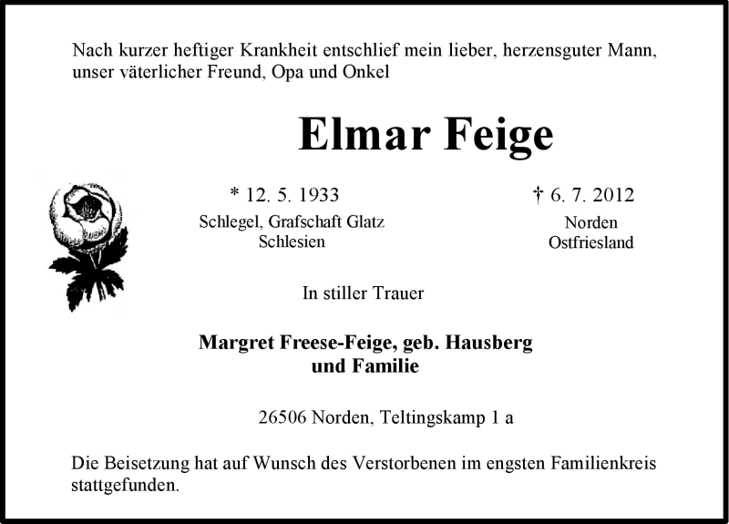  Traueranzeige für Elmar Feige vom 14.07.2012 aus Ostfriesischer Kurier